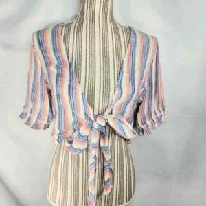 Elan Multicolored Vertical Striped Short Sleeve Tie Waist Shrug Size Medium - Picture 1 of 10