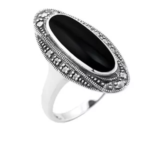 Art Déco Estilo Ónice Negro Cabujón & Marcasita Anillo En 925 Plata de Ley - Imagen 1 de 4
