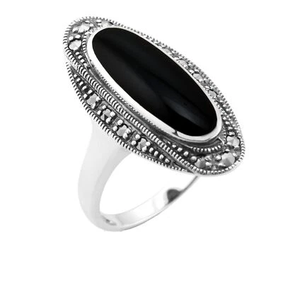 Arte Stile Déco Onice Nera Cabochon & Marcasite Anello IN 925 Argento Sterling - Immagine 1 di 4
