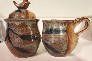 Handmade Pottery Cream  Sugar Set Lid Glazed Green, Rust,  Brown unsigned READ - Picture 1 of 24