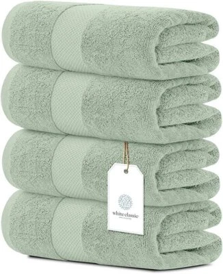 White Classic Luxury Bath Towels - Cotton Hotel spa Towel 27x54 4-Pack Green - Image 1 of 4