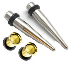2 Pairs Gold Tunnels Steel Tapers plugs ear gauges kit 1g 0g 00g 7mm 8mm 10mm