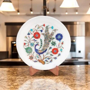 15" Round White Marble Dining Serving Plate Peacock Inlay Arts Handmade Home Dec - Picture 1 of 8