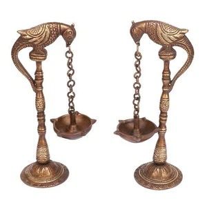 Brass Antique Parrot Chain Hanging Diya Pair Design Deepak Diwali Pooja 7 Inch - Picture 1 of 5