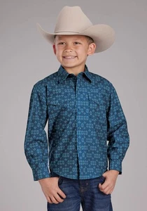 Roper Youth Boys 2350 Diamond Print Blue 100% Cotton L/S Shirt - Picture 1 of 3