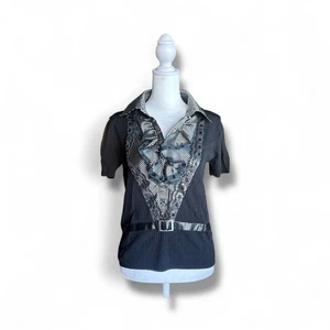 VTG Y2K Matel Black Ruffle Lace Sequin Collared Blouse Top Dark Fairy Grunge S-M - Picture 1 of 7