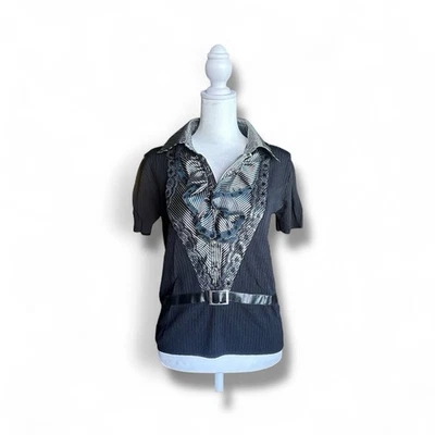 VTG Y2K Matel Black Ruffle Lace Sequin Collared Blouse Top Dark Fairy Grunge S-M - Image 1 of 4