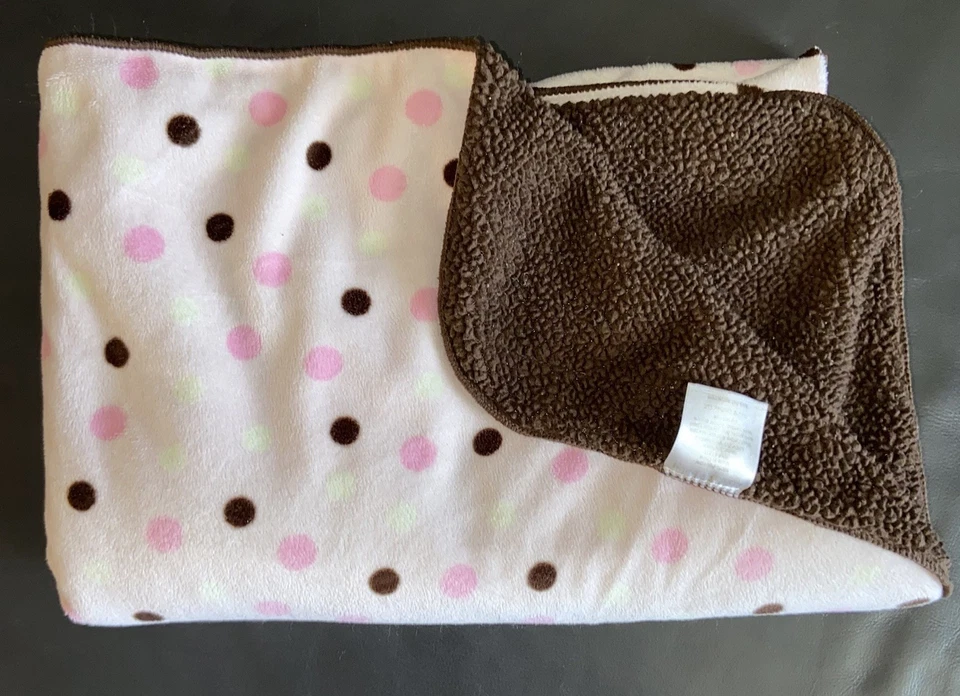 Koala Baby pink baby blanket polka dots 2 ply soft brown sherpa Babies R Us 2010 - Image 1 of 4