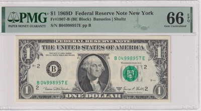 Fr 1907-B 1969D $1 FRN B04998957E PMG 66EPQ NEW YORK 1969-D GREEN SEAL - Image 1 of 2