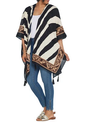 THEODORA y CALLUM Talla Única Frente Abierto Estampado Ruana con Borlas CEBRA Foto 1 de 3