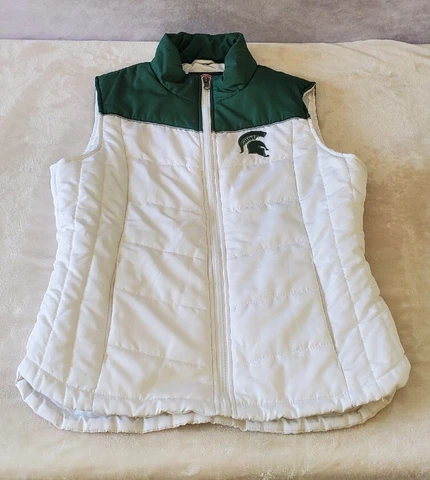 Michigan State Spartans Head Puffer Vest Womens Medium White Green Jacket MSU Cover