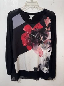 Christopher Banks Top Small Black Red Floral Long Sleeve Woven Front Knit Back - Picture 1 of 9