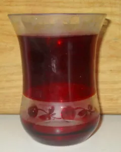 ANTIQUE RUBY RED GLASS TUMBLER VASE-ETCHED LEAF ORANGE DESIGN - Picture 1 of 6