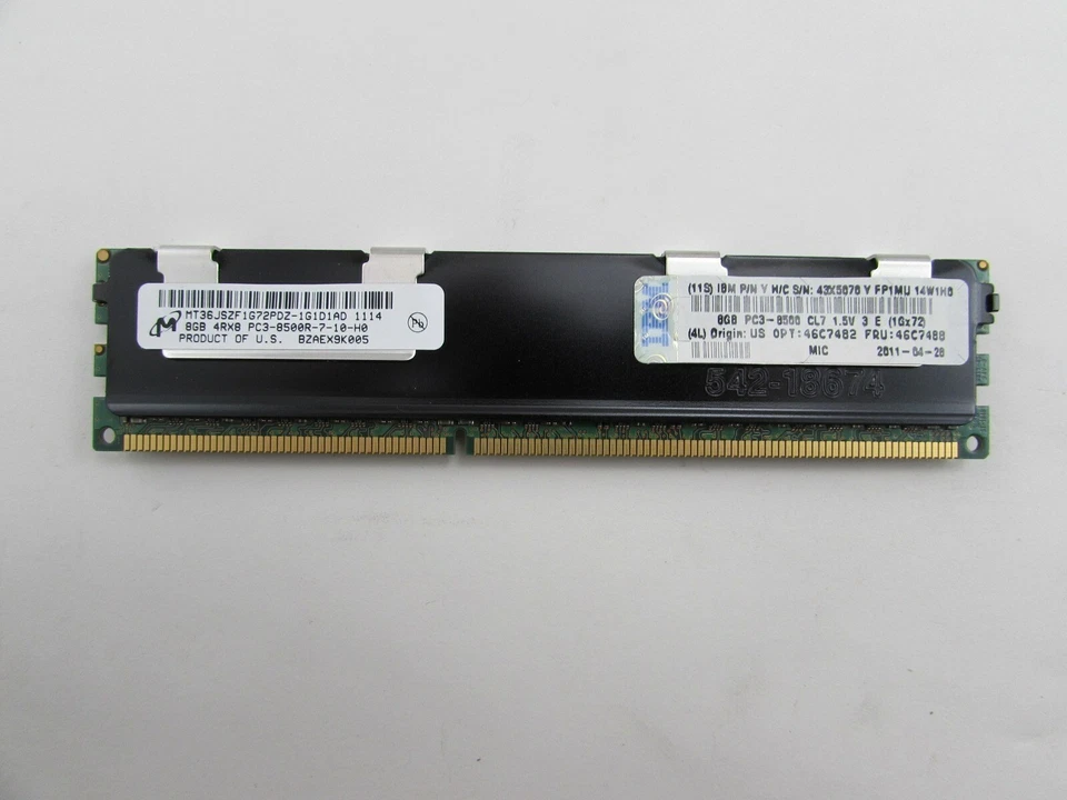 IBM 8Gb PC3-8500 4Rx8 DDR3-1066 ECC Reg 43X5070 46C7488 Micron - Image 1 of 1