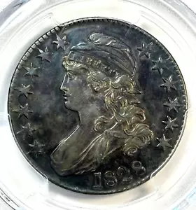 Medio dólar de plata busto tapado 1828 base rizada 2, sin perilla var. Detalles AU limpios - Imagen 1 de 7