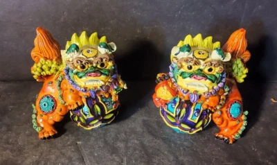 Wucai Koji Cerámica Foo Perro León Fengshui RARO Resina China Par De Colección Foto 1 de 4