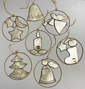 Christmas Tree Ornament Set Of 6 Vintage Capiz Shell Angel Stocking Candle - Picture 1 of 12