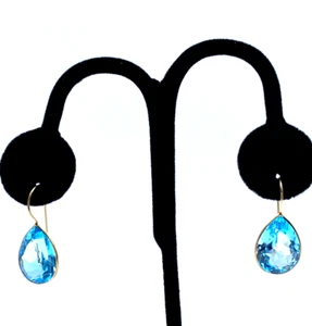 14k YG Pear Cut Sky Blue Topaz Dangle Earrings - Picture 1 of 5