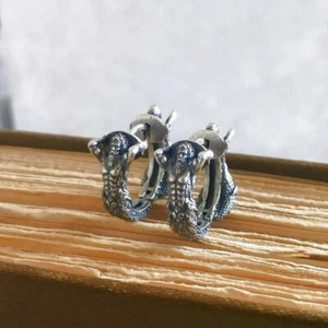 Antiqued 925 Sterling Silver Mermaid Poseidon Double Sided Hoop Earrings Unique - Picture 1 of 9