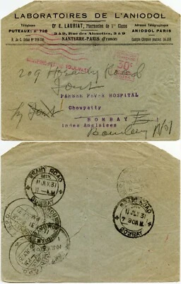 SOBRE IMPRESO HOSPITAL INDIA PARSEE 7 Matastas... LABORATORIO MÉDICO DE ANIODOL 1931 Foto 1 de 3