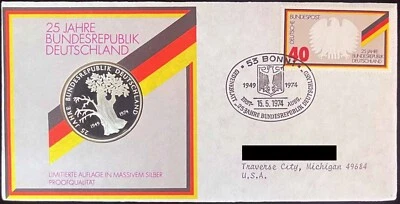 1974 SILVER GERMAN REPUBLIC 25th ANNIVERSARY OFFICIAL MEDAL FIRST DAY CACHE' - Image 1 of 2