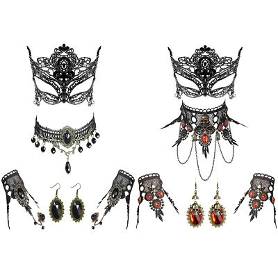 4Pcs Women Halloween Masquerade Black Gothic Lace Choker Bracelet Earrings Mask - Image 1 of 4