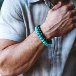 Set Bracciali Turchese naturale Perle Nero 8mm Elastico bracciale da Uomo Donna - Foto 1 di 7