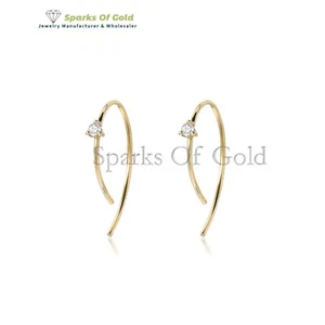 0.07 Ct Real Diamond 14K Yellow Gold Open Hoop Earrings Handmade Jewelry Gift - Picture 1 of 4