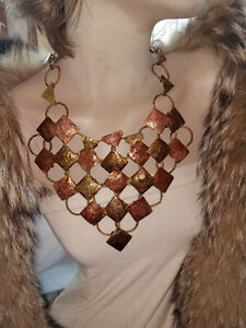 VINTAGE MIXED METAL BRUTALIST HAMMERED HAND MADE BIB NECKLACE UP TO 20" , 165.2G