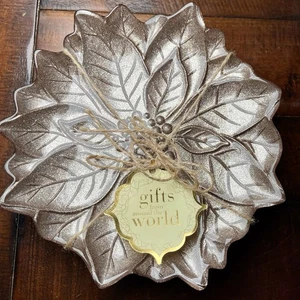 4 Turkish Glass Poinsettia Dessert Plates Gold Bronze Sparkle Shimmer Christmas - Picture 1 of 11