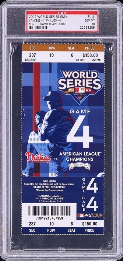 2009 MLB WORLD SERIES FULL GAME 4 TICKET YANKEES PHILLIES PSA 10 GEM MINT LO POP - Image 1 of 2