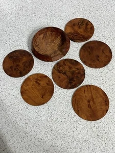 MOROCCAN THUYA WOOD SET OF 6 COASTERS IN HOLDER MOROCCO NORTH AFRICA - Picture 1 of 3