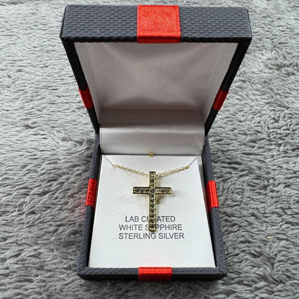 Colgante Cruz Oro 14K Sobre Plata de Ley Zafiro Blanco SOL 925 NUEVO Foto 1 de 1