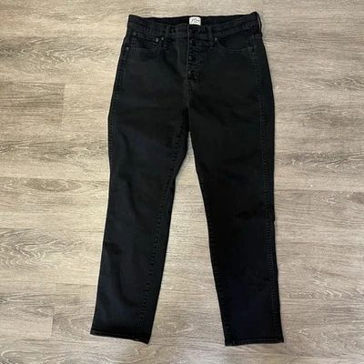 Pantalones de mezclilla J Crew para mujer 31 negros botones mosca 9" vintage rectos elásticos Foto 1 de 4