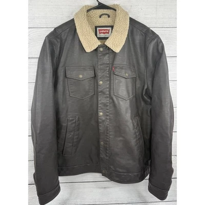 Levi's Men's Sherpa Lined Faux Leather Trucker Jacket Dark Brown, Size XL - Image 1 of 4