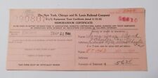VINTAGE NEW YORK CHICAGO & ST LOUIS RAILROAD MEMORANDUM CERTIFICATE 1944
