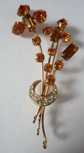 Vintage Brosche Anstecknadel Bernstein weiß Strass Blume Spray Halbmond goldfarben gefasst - Bild 1 von 2