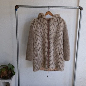 Vintage D’Esprit Faux Fur Hooded Jacket With Knitted Sleeves Size M - Picture 1 of 24