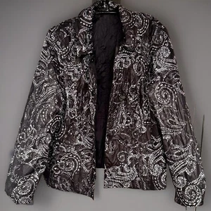 Chicos Womens Jacket Nylon Blend Black White Paisley Reversible Quilted LG/12* - Picture 1 of 12