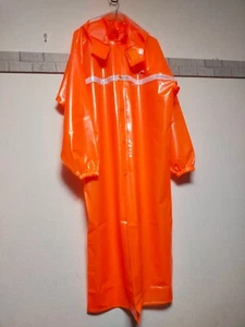 Gloss orange heavy PVC raincoat longcoat Asian xl hooded rainwear plastic - Picture 1 of 13