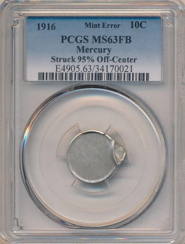 "1916" MERCURY DIME MINT ERROR-PCGS MS63FB-STRUCK 95% OFF-CENTER-RARE! FREE SHIP Cover