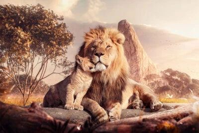 Лев детеныш и лев отражение в лесу воды животных стены дома - плакат 20 "x 30" - Изображение 1 из 3