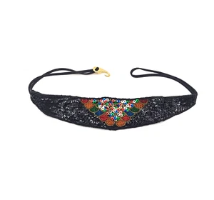 Vintage Art Deco Black Belt Beaded Sequin Stretchy Floral Sash Belt - Picture 1 of 10