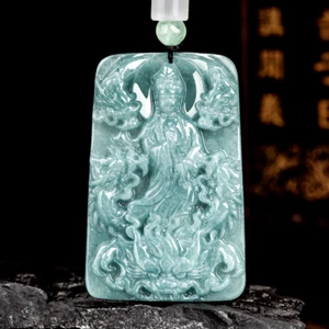 Echter Grade A 100 % natürliche blaue Jade Jadeit Glück Kwan-yin Drache Anhänger - Bild 1 von 5