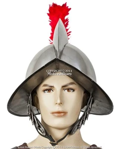 Casco Español Peine Morion 20G Acero con Pluma Roja Pluma Renacimiento Feria LARP - Imagen 1 de 8