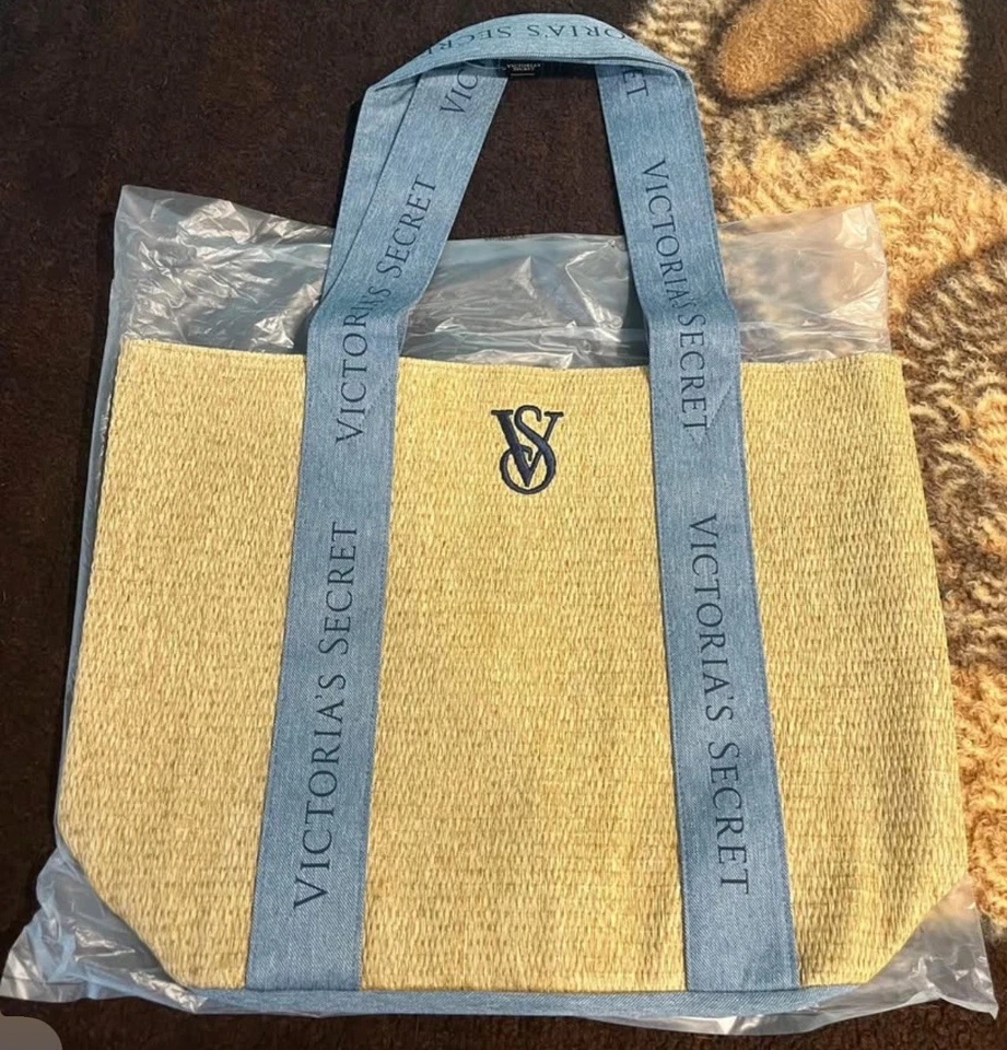 Bolso de Mano Victoria Secret Paja Azul Marino Correa Bordado Logo Playa Costera Nuevo con Etiquetas Foto 1 de 1