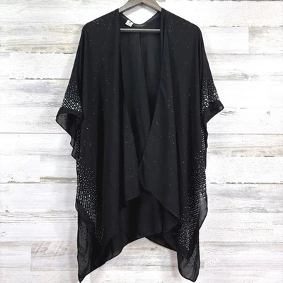 Jessica McClintock Black Sheer Kimono Silver Rhinestone Embellished Shawl - Image 1 of 4