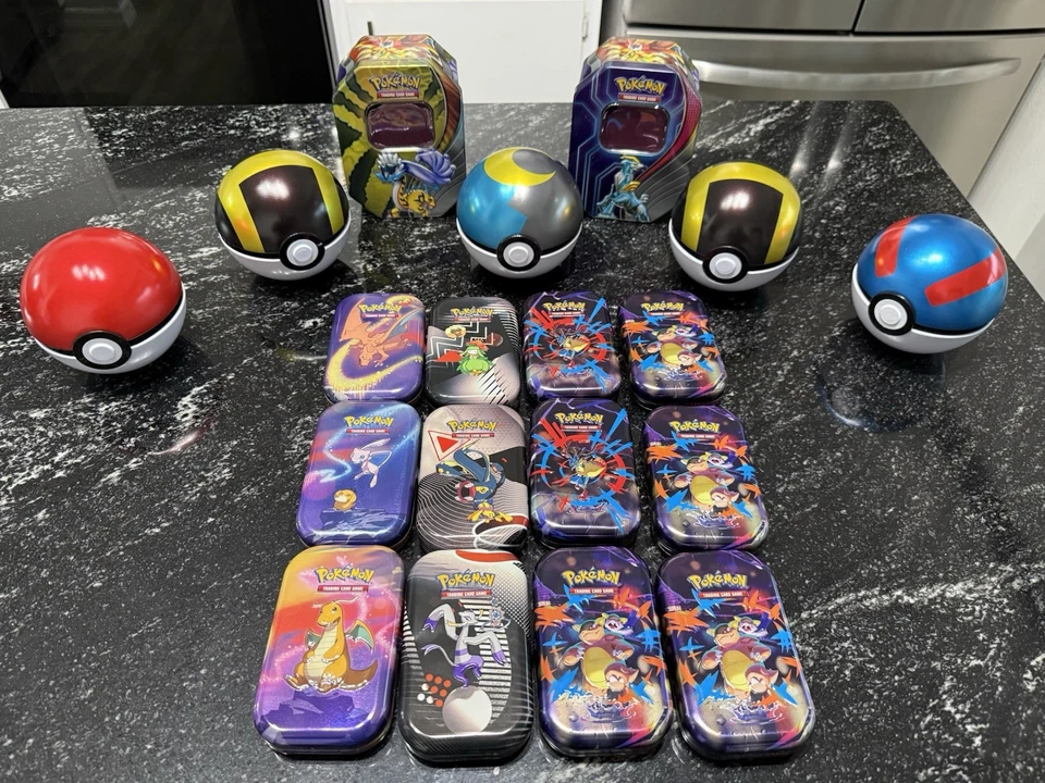 Pokemon Juego de Cartas Coleccionables Lote de 19 Latas, 5 Pokeballs, 2 Latas, 12 Mini Latas, Sin Cartas - Imagen 1 de 1