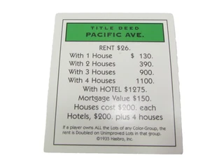 Monopoly 1999 Classic Property Title Deed Card Replacement Pacific Ave - Picture 1 of 2