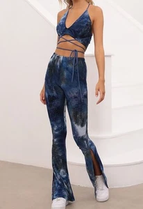 Lucy In The Sky Halter Tank Pant Set Blue Tie Dye Size M Festival Rave Hippie - Picture 1 of 10